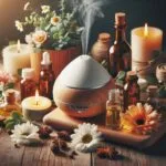Varios frascos de aceites esenciales con difusor de aromaterapia en un ambiente relajante.