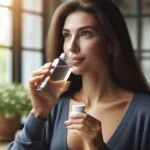 Mujer bebiendo un suplemento celular de un vaso.