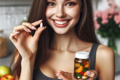 vitaminas y minerales Frasco de vitaminas y minerales sobre la mano de una mujer, representando suplementos para la salud.