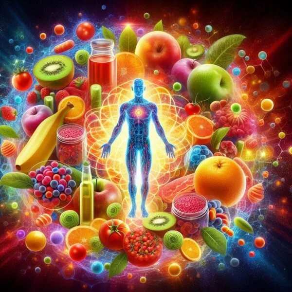 Ilustración de células humanas saludables rodeadas de frutas y verduras frescas, simbolizando la importancia de la salud celular y el bienestar.