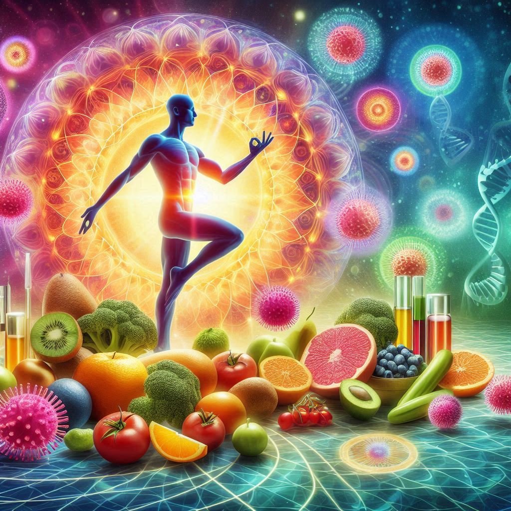 Salud celular 2 Representación gráfica de un cuerpo humano con células resaltadas, rodeado de elementos naturales como frutas y suplementos, enfatizando la salud celular.