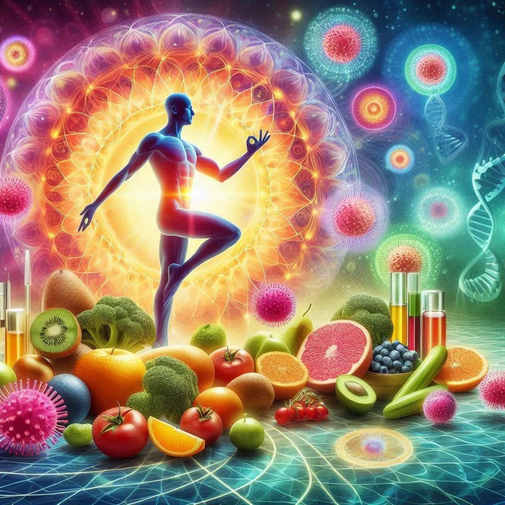 Salud celular 2 Representación gráfica de un cuerpo humano con células resaltadas, rodeado de elementos naturales como frutas y suplementos, enfatizando la salud celular.