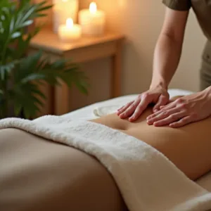 Sesión de masaje abdominal en un ambiente relajante con luz tenue, velas encendidas y decoración natural.