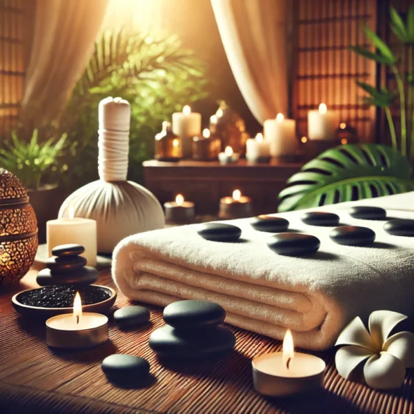 Masaje con piedras calientes en un ambiente relajante y holístico.