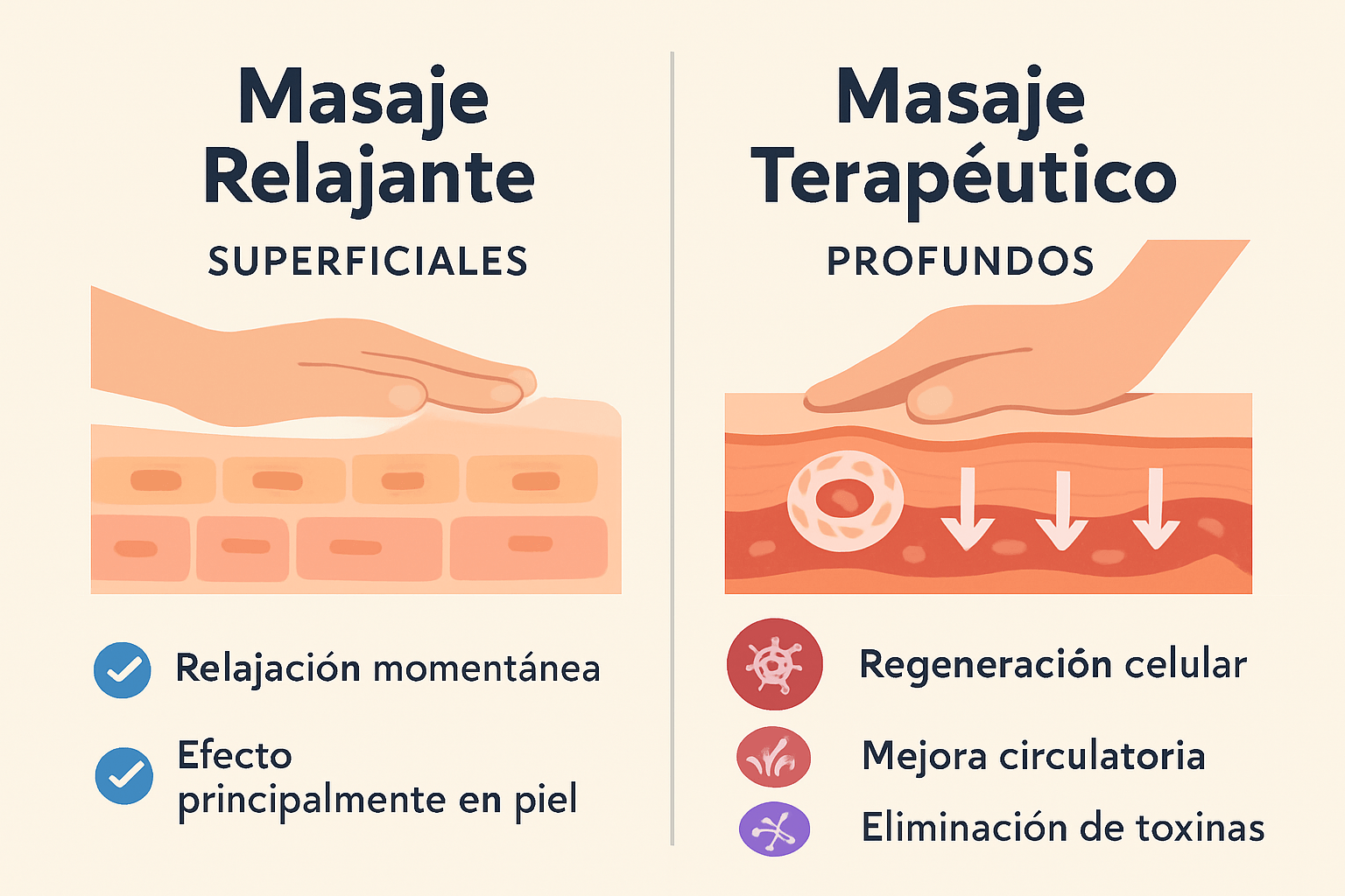 Comparativa visual entre los efectos celulares de un masaje relajante y un masaje terapéutico profesional
