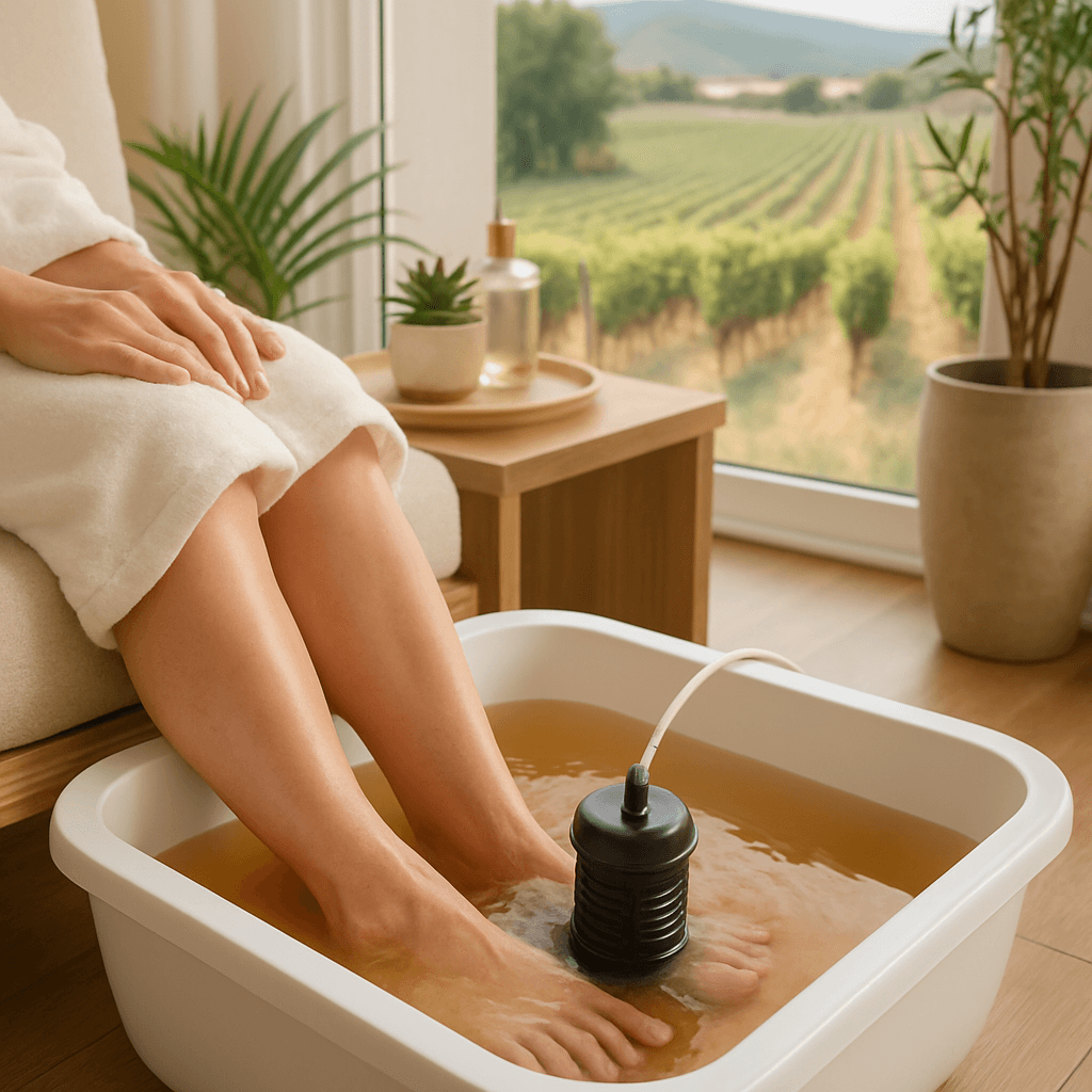Pies de una persona sumergidos en un baño de desintoxicación iónica, con el agua mostrando un ligero cambio de color, en un ambiente de spa relajante con vistas a un viñedo en Requena, Valencia. La imagen transmite bienestar y purificación.