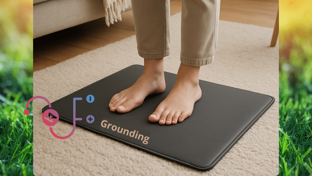 Pies descalzos sobre hierba verde, simbolizando la conexión a tierra y el bienestar natural.