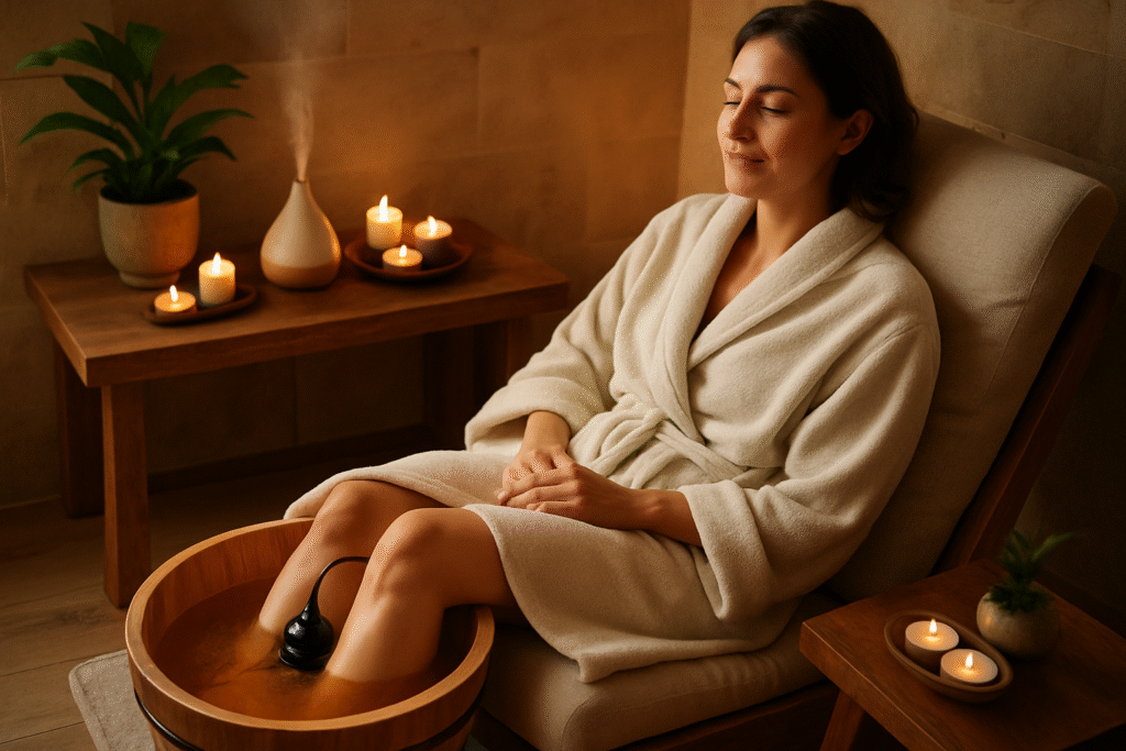 Mujer relajándose en un ambiente de spa durante una sesión de desintoxicación iónica de pies, con agua que muestra el proceso de purificación.
