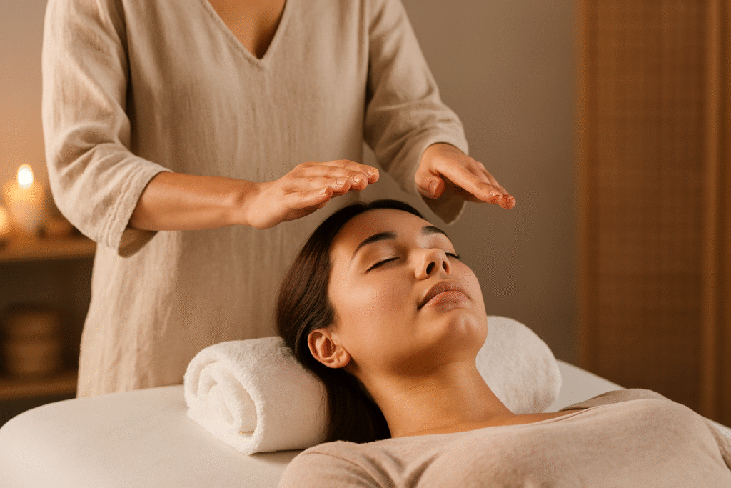 Mujer recibiendo terapia Reiki en un entorno relajante.