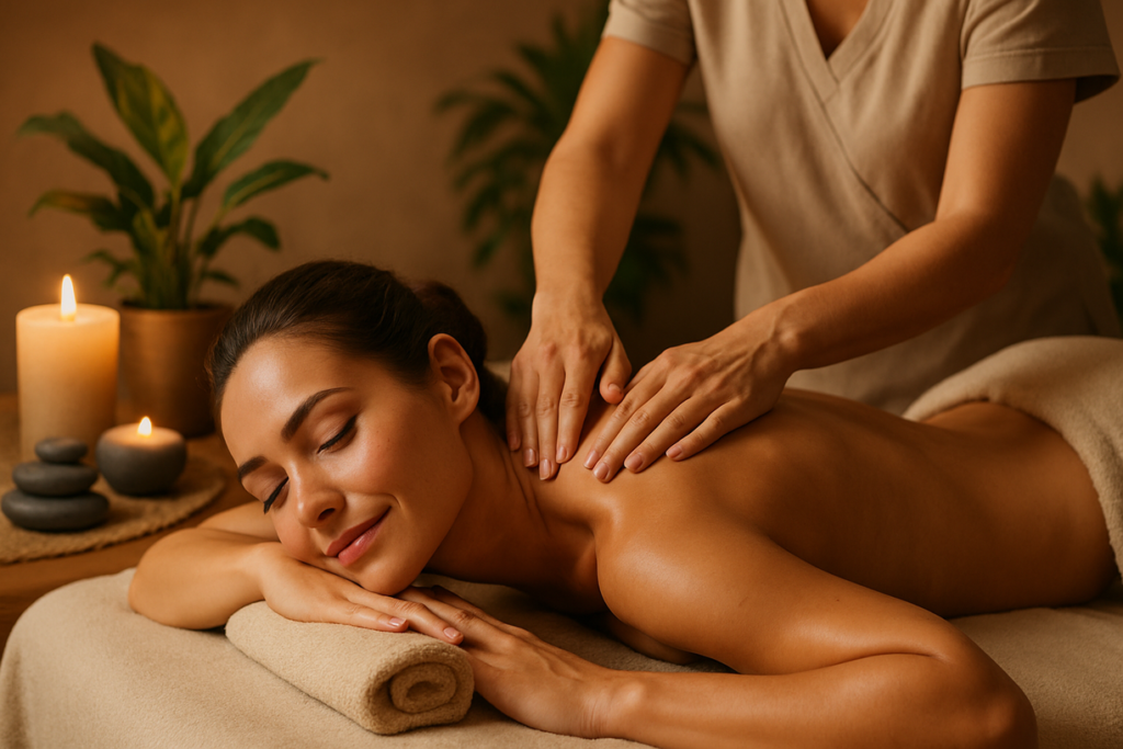 Mujer recibiendo un masaje relajante de espalda en un ambiente de spa con velas y plantas, promoviendo el bienestar en Requena.