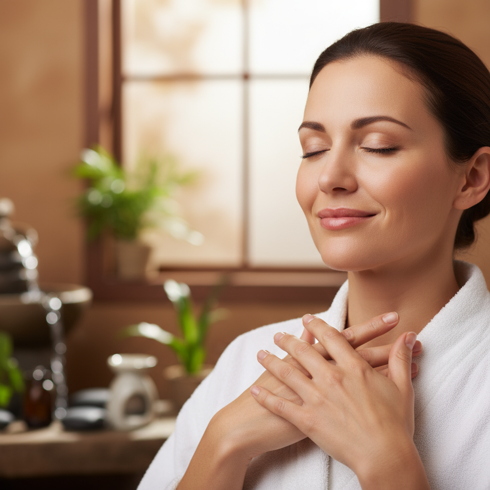 Mujer sonriendo con los ojos cerrados y las manos sobre el pecho, simbolizando paz y bienestar después de un tratamiento holístico en Requena.