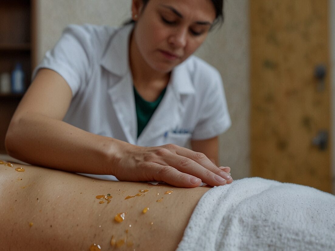 Terapeuta aplicando masaje descontracturante con aceites esenciales de romero y eucalipto en clínica Holística Celular, Requena.