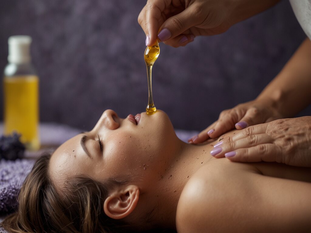 Mujer recibiendo un masaje relajante en espalda con aceites esenciales de lavanda en Holística Celular, Requena.