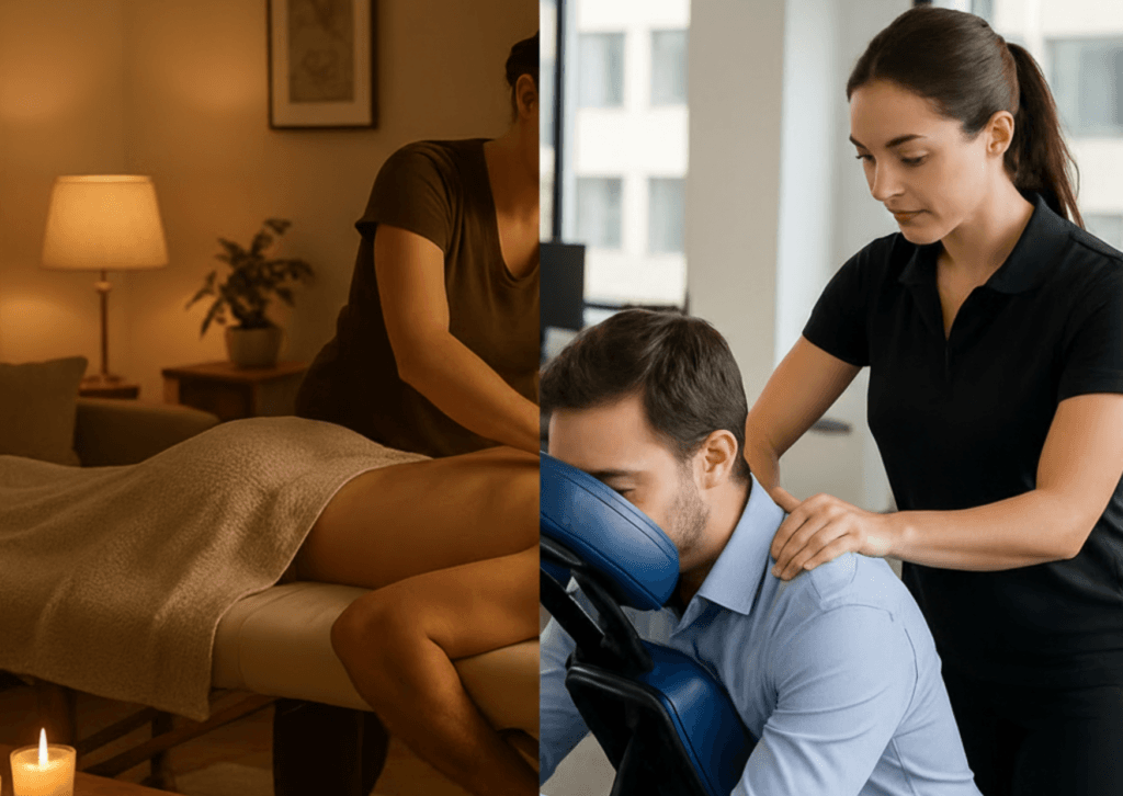 Díptico que ilustra la versatilidad de los servicios de masaje de Holística Celular: A la izquierda, un masaje en camilla a domicilio en un ambiente cálido y relajante. A la derecha, un masaje en silla en una oficina moderna y profesional.