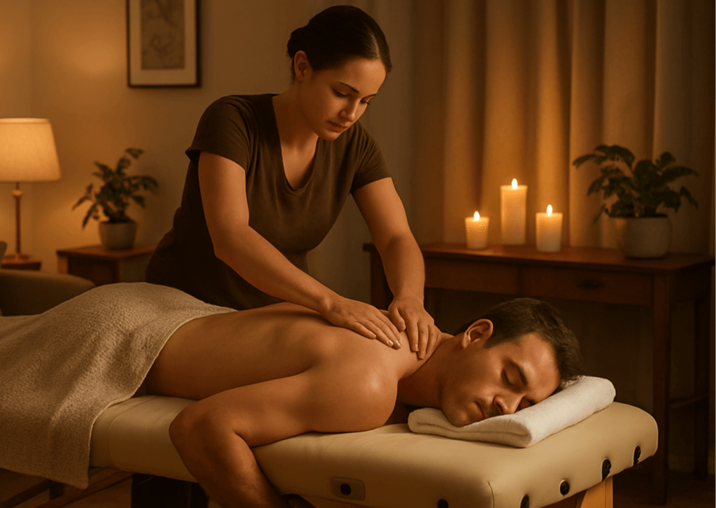 Cliente recibiendo un masaje descontracturante en una camilla portátil en su sala de estar. El ambiente es cálido y relajante, con velas y luz tenue.