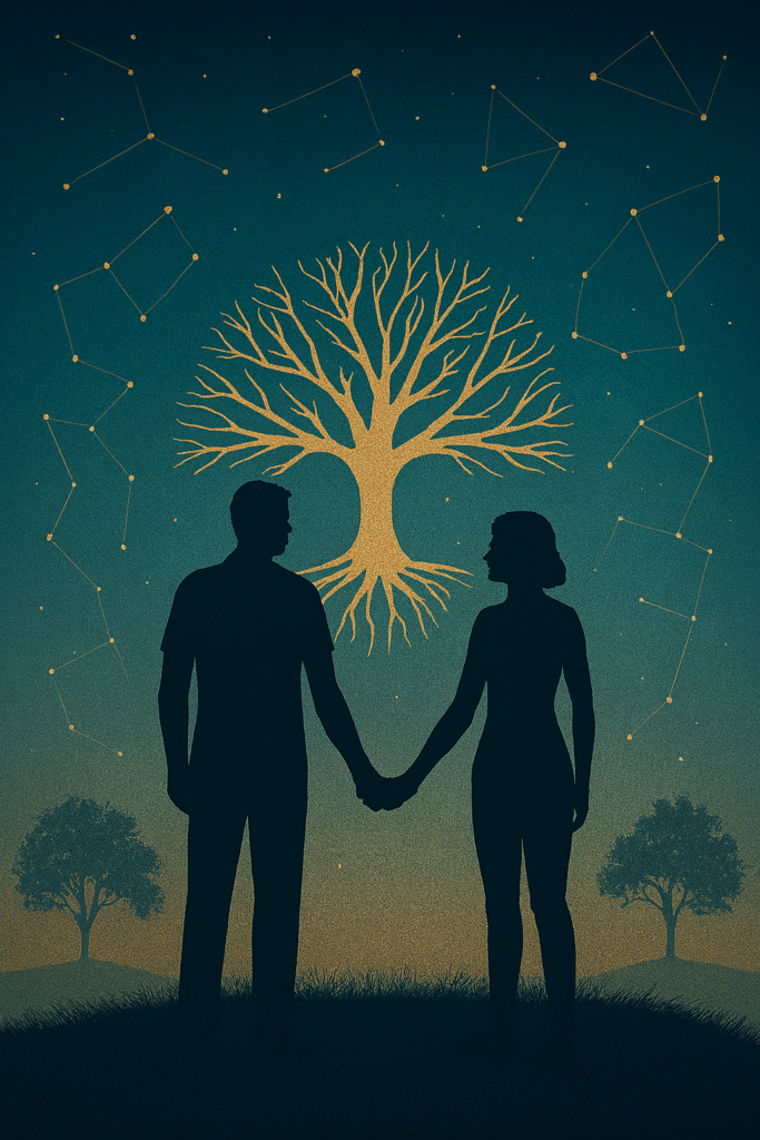 Siluetas de dos adultos tomados de la mano bajo un árbol de la vida dorado, con constelaciones en el cielo nocturno.