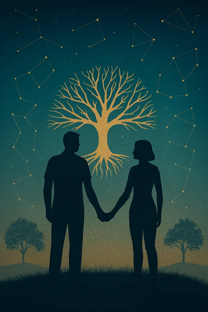 Siluetas de dos adultos tomados de la mano bajo un árbol de la vida dorado, con constelaciones en el cielo nocturno.