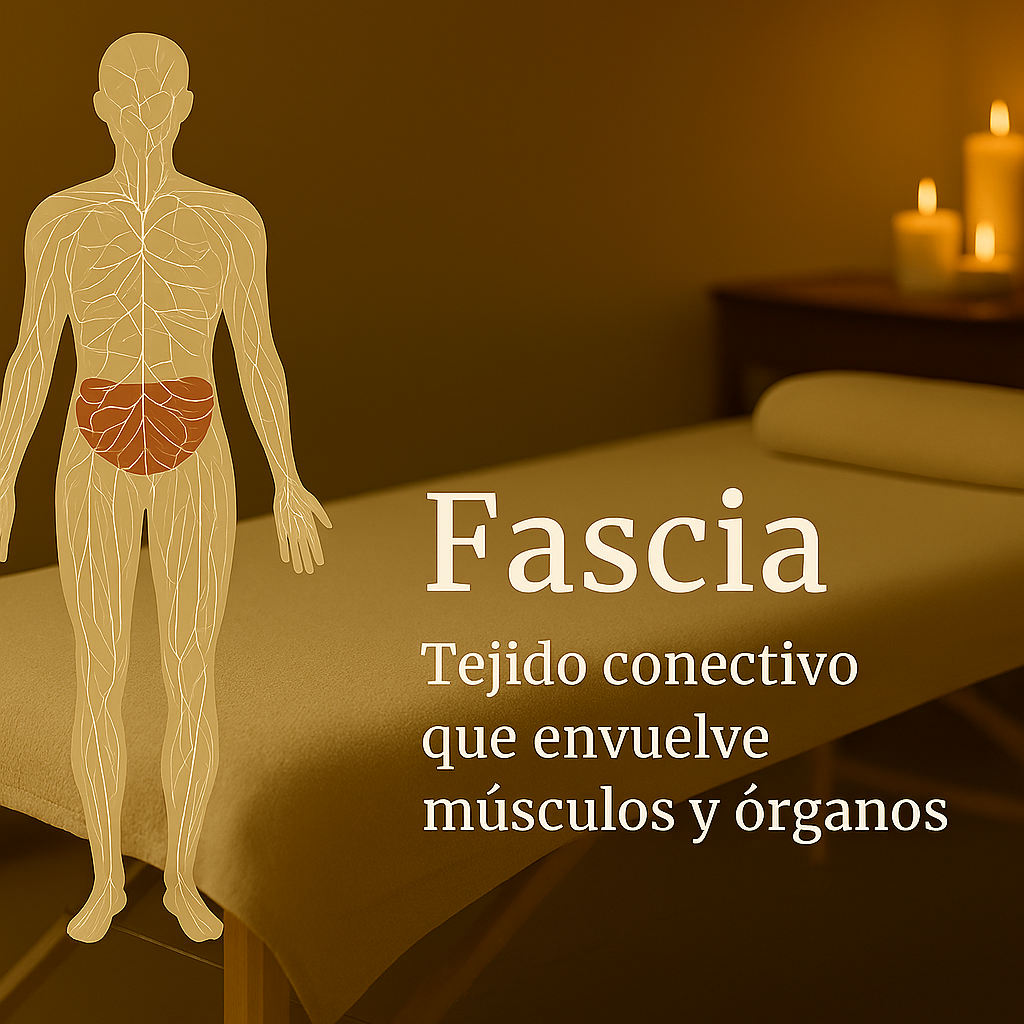  Ilustración anatómica de la fascia como red conectiva sobre silueta humana en vista lateral.