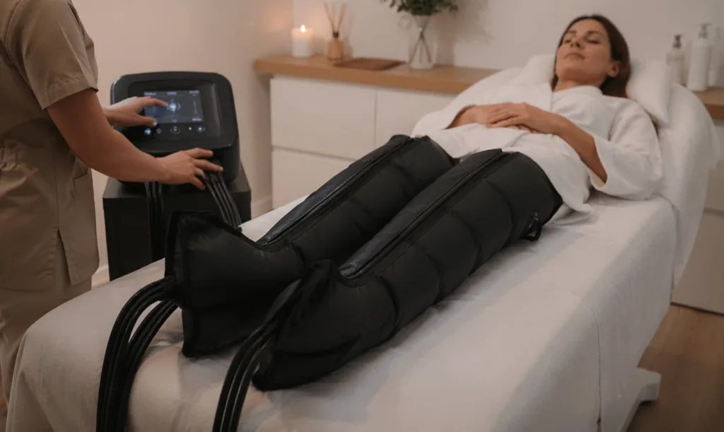 Sesión de presoterapia para piernas cansadas y retención de líquidos en Holística Celular, Requena