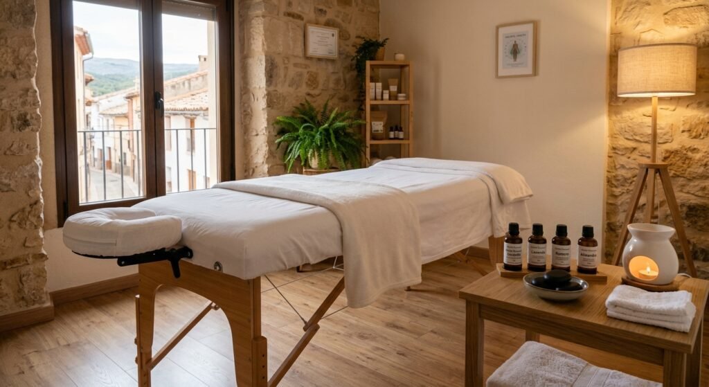 Cabina de tratamiento holístico en Requena acondicionada para terapia de frecuencias y masaje con aceites botánicos puros.