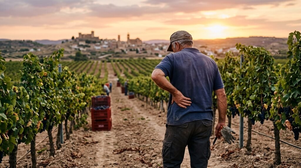 Fotografía realista de un trabajador agrícola de edad avanzada de espaldas, frotándose la zona lumbar con la mano derecha en un viñedo de Requena durante el atardecer, evocando el dolor lumbar por el esfuerzo físico del trabajo en el campo. Al fondo se distingue el casco histórico difuminado y cajas de vendimia. Estilo cinematográfico y natural.