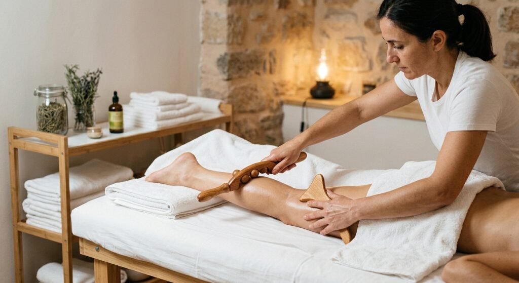 Maderoterapia terapéutica en Requena, tratamiento para retención de líquidos en piernas y remodelación corporal.